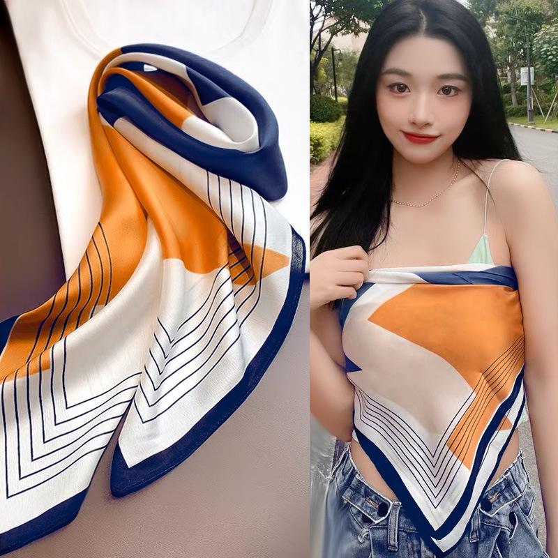 Luxury White Silk Hair Square Scarf Women Satin Neck Tie Hand Wrist Foulard Summer Print Shawl Wraps Head Kerchief Hijab Bandana