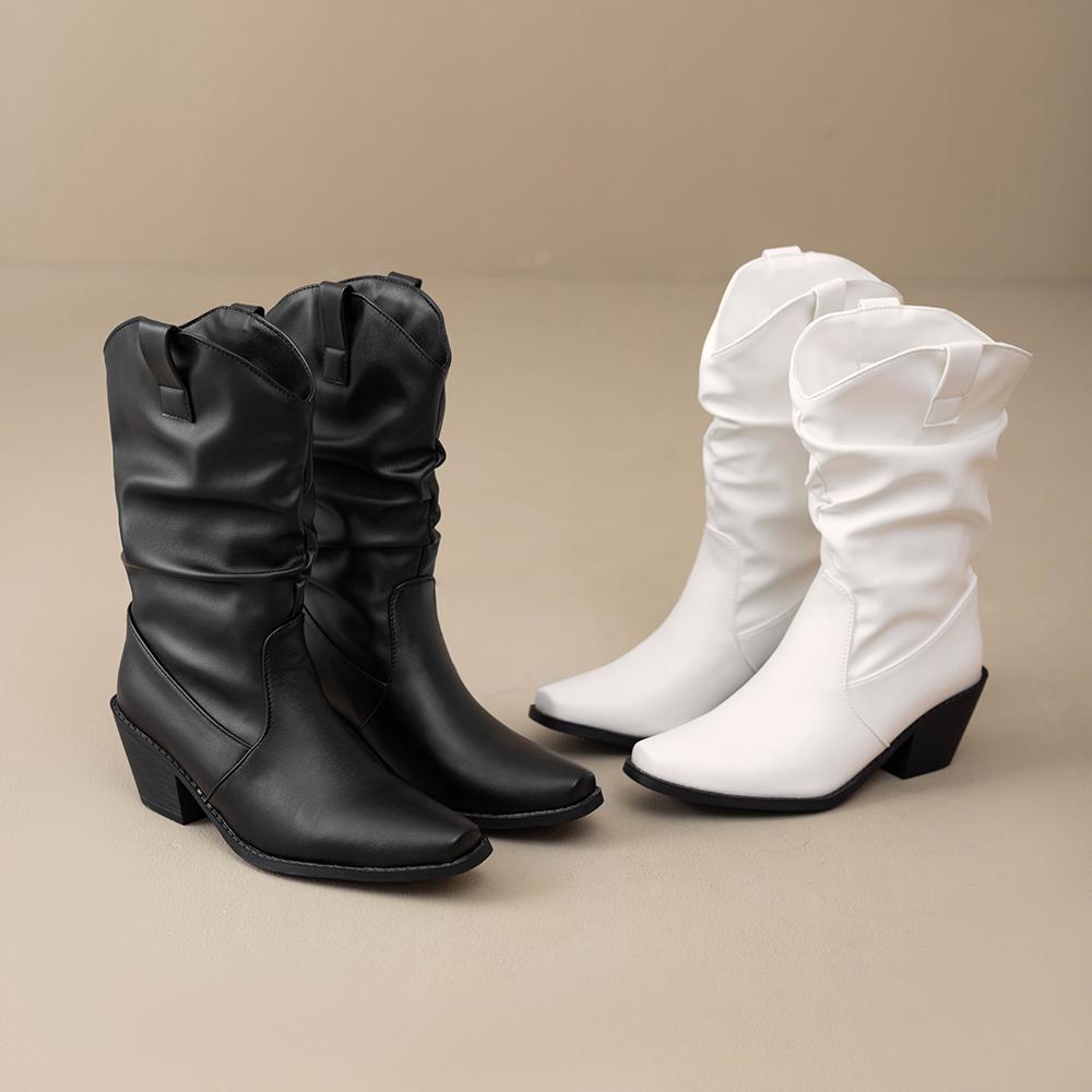 White Black Women Mid Calf Boots High Block Heel Big Size 46