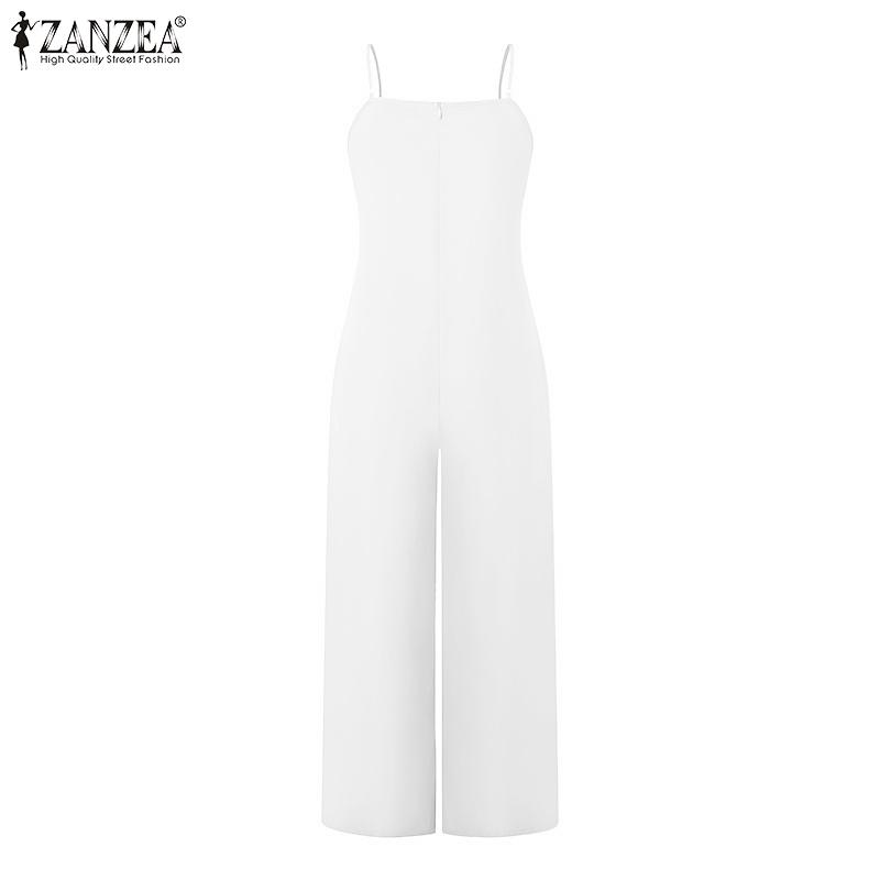 ZANZEA Damskie kombinezony vintage z dekoltem w serek, bez rękawów, kieszeniami i szerokimi nogawkami