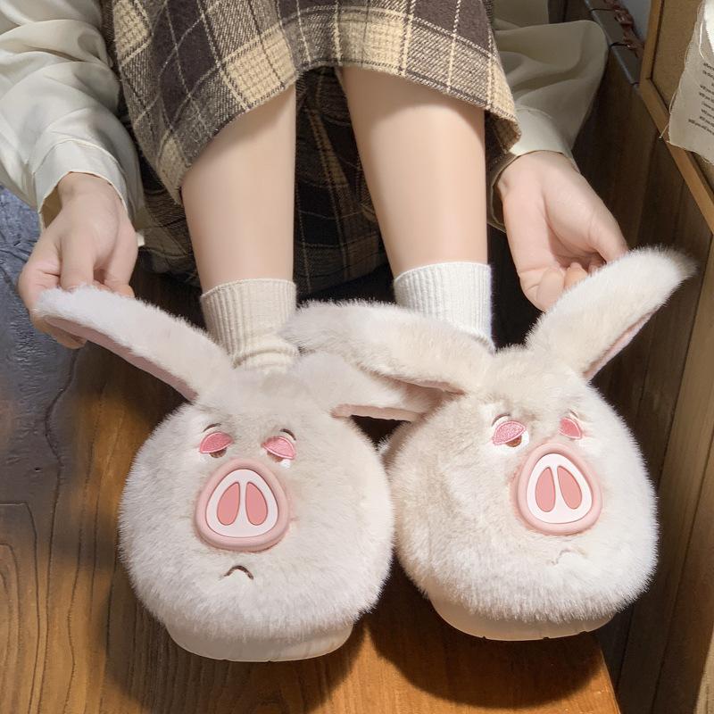 Cute Cotton Slippers 2025 New Winter Warm Non-slip Piled Thickened Fluffy Flying Pig Slippers Autumn