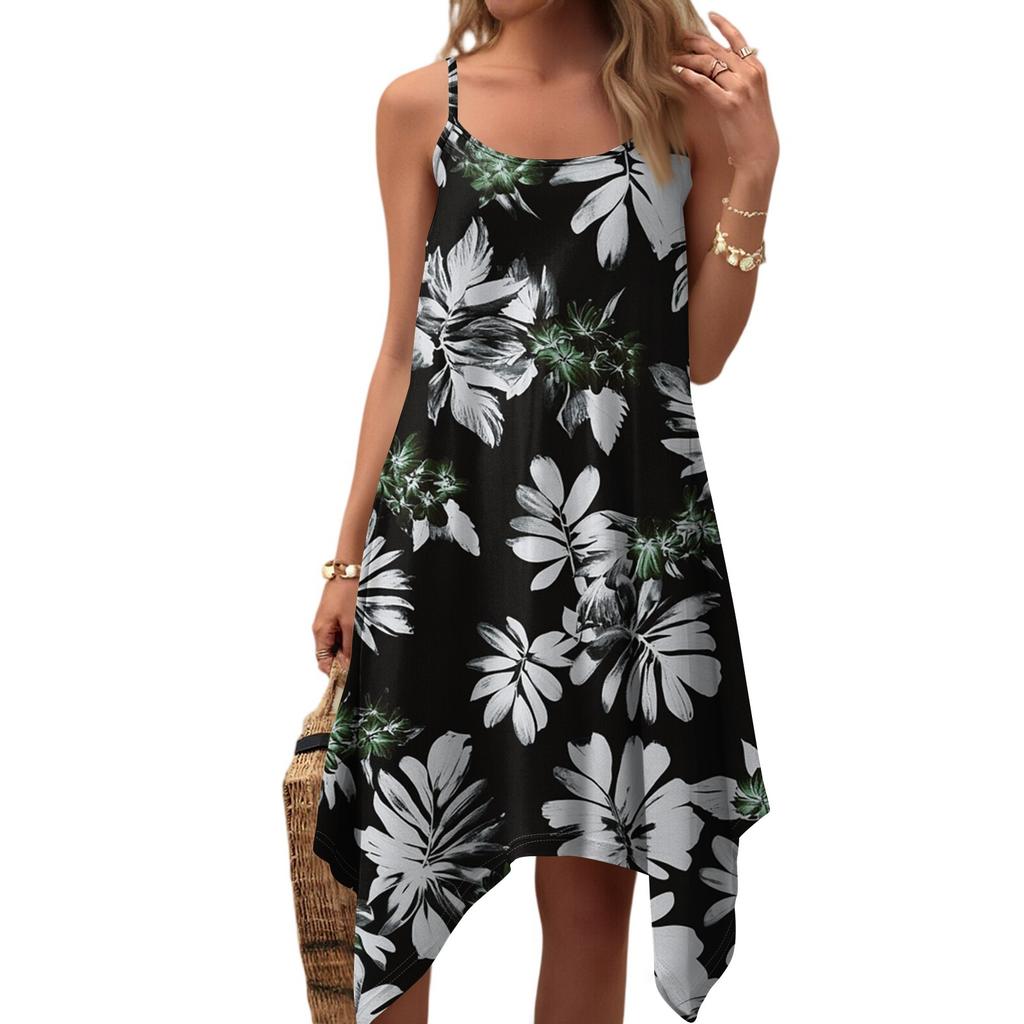 Women's Summer Casual Vintage Floral Print Round Neck Adjustable Suspender Dress With Pockets