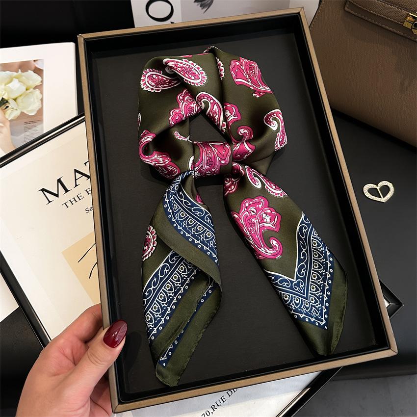 Elegant Purple Flower-Printed Silk Scarf Women Satin Neckerchief Versatile Headwear Bag Clothing And Accessories Square Scarf