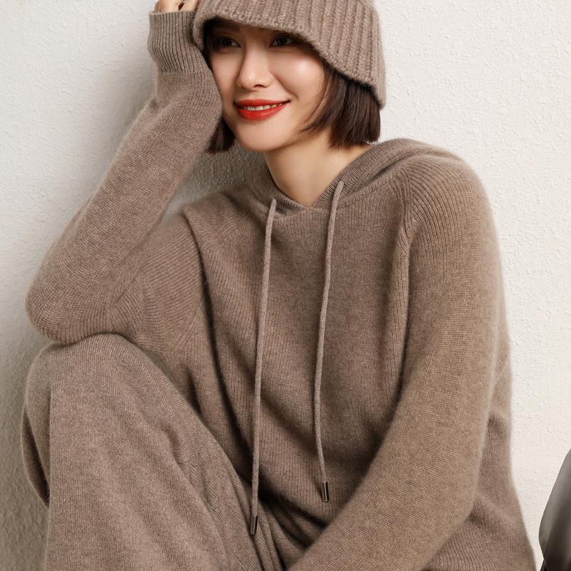 Women's 100% Wool Hooded Sweater for Fall/Winter - New Arrival Thick Knit Cashmere Base Layer