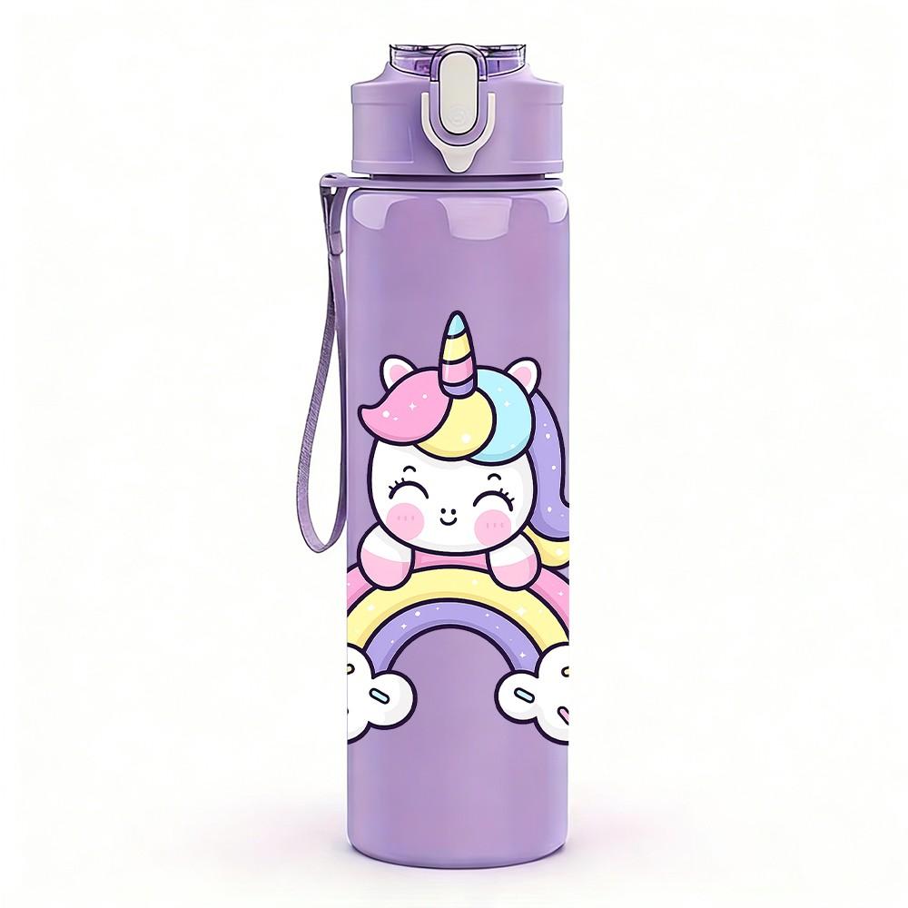 1PC Unicorn Cartoon Pattern 750ml Color Plastic Sports Water Bottle Leakproof Flip Straw Lid Suitable for Sports Office Home Use