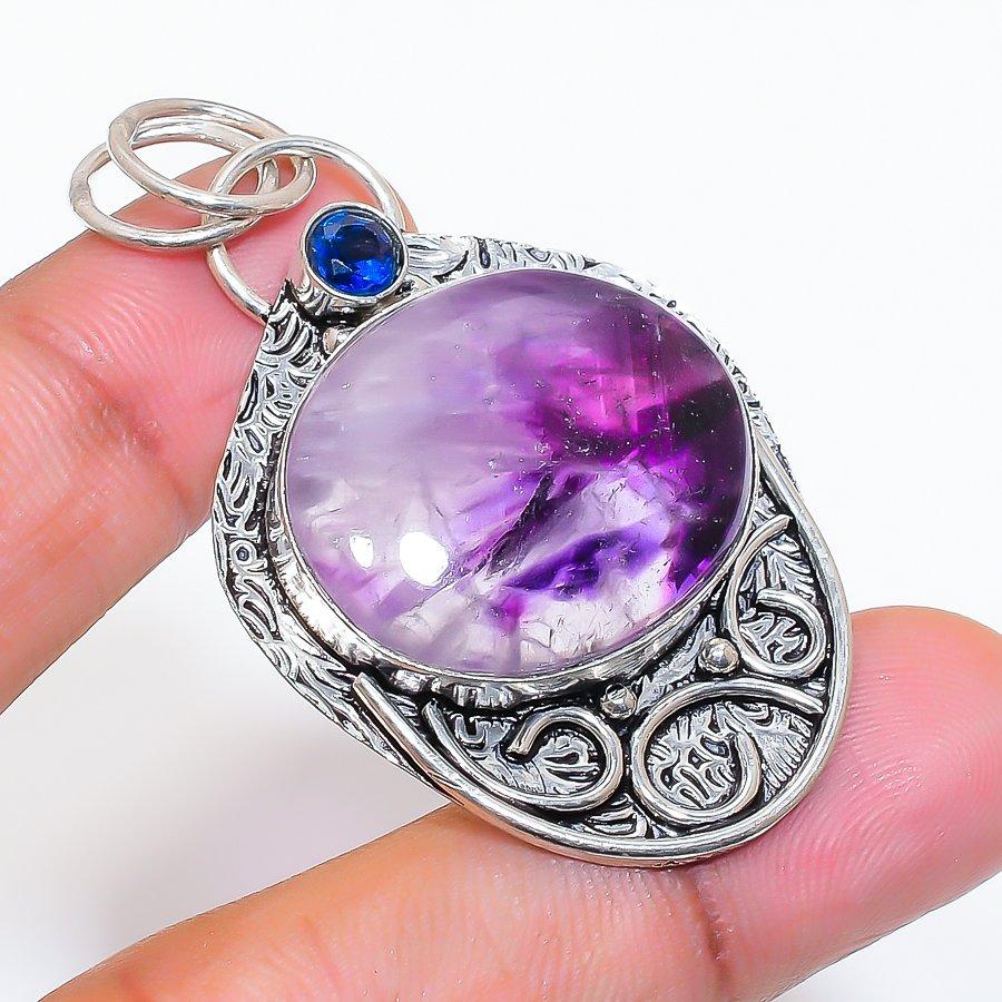 Natural Sage Amethyst, Iolite 925 Sterling Silver Jewelry Pendant 2.17" ZS-156