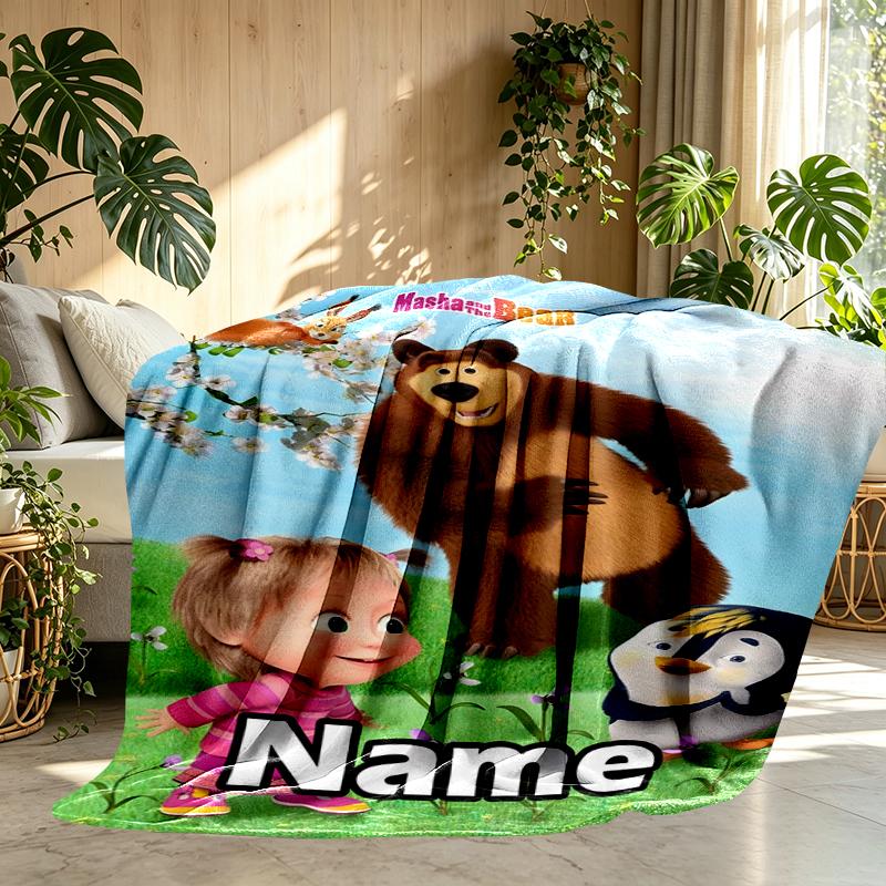 Custom Name Personalized Masha and The Bear Print Blankets, Home Decor, Bedroom, Sofa, Camping, Couch, Gifts for Birthday Christmas