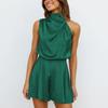 Women's Satin Jumpsuit Solid Color High Neck Hanging Neck Open Back Jumpsuit