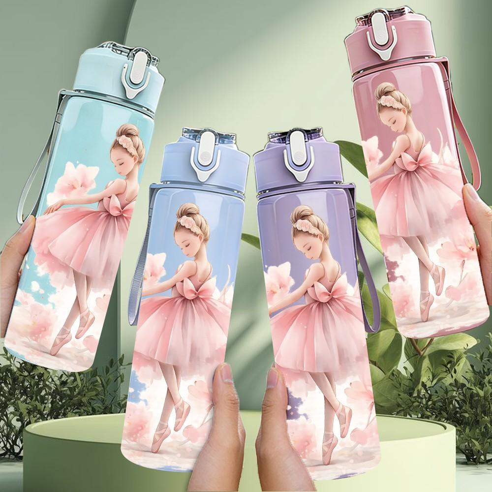1PC Little Ballerina Girl Soft Art Print 750ml Color Plastic Sports Water Bottle Leakproof Flip Straw Lid Suitable for Sports Office Home Use