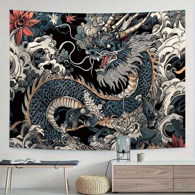 2D Oriental Dragon Wave Tapestry Black Background Home Background Cloth