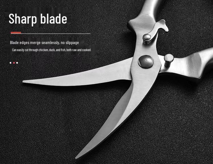 All-Steel Stainless Kitchen Scissors with Wooden Handle - Powerful, Multifunctional, for Cutting Chicken Bones and Household Food Use.