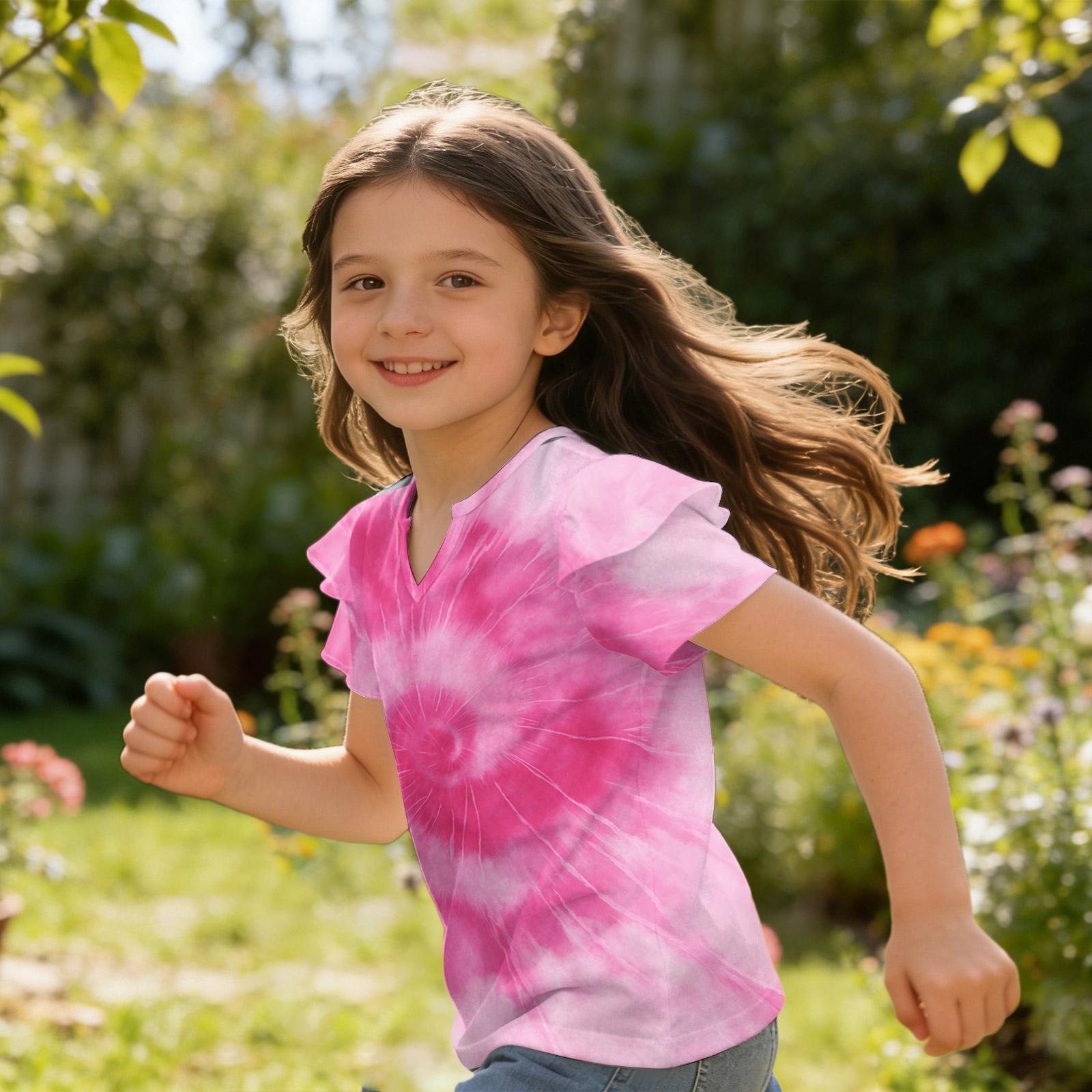 

Girls V Neck Ruffle Sleeve Tie Dye Print Short Sleeve T Shirt Casual Top for Kids Summer Wear Soft Fabric Comfortable Fit 110