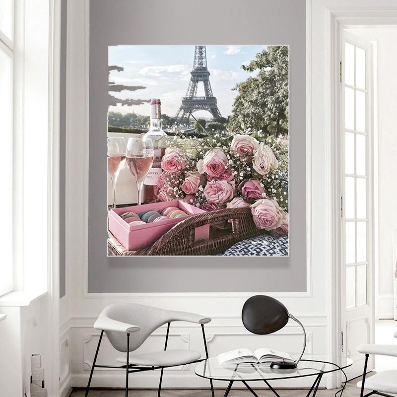 Paris Romantic Pink Flower Canvas Painting Art Wall Girl Lovely Nordic Pink Poster Prints for Living Room Home Decor Picture