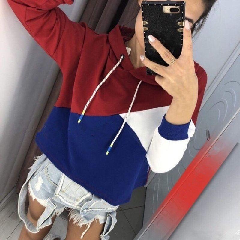 

Autumn and Winter Velvet Color Matching Long-Sleeved Cap Drawstring Sweatshirt Red Blue M
