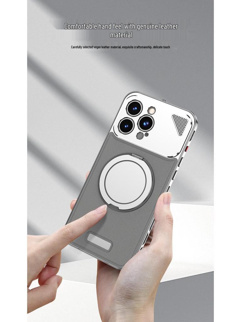 Aluminum Alloy Leather Buckle Phone Case with Rotating Stand for iPhone 16 Pro Max, Compatible with Apple 14