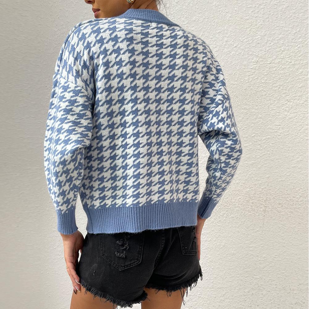 Autumn/Winter Women's Houndstooth Diamond Knit Sweater Pullover