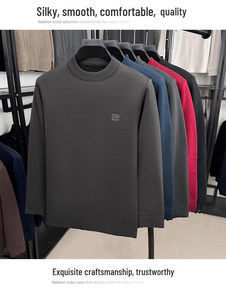 Men's Thick Plush Fleece Knit Top - Round Neck, Warm Base Layer for Winter/Autumn