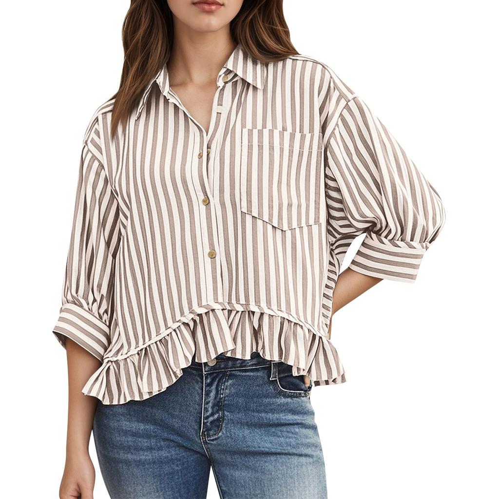 Women's Fashion Casual Shirt Ruffle Button Striped T-Shirt Top