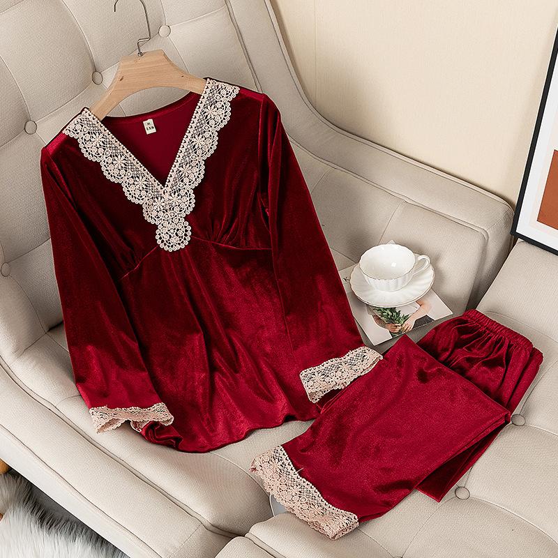 Velvet Pajamas Set Female Long Sleeve Trouser Pijamas Suit Autumn Winter Velour Sleepwear Loose Lace Trim Home Wear Loungewear