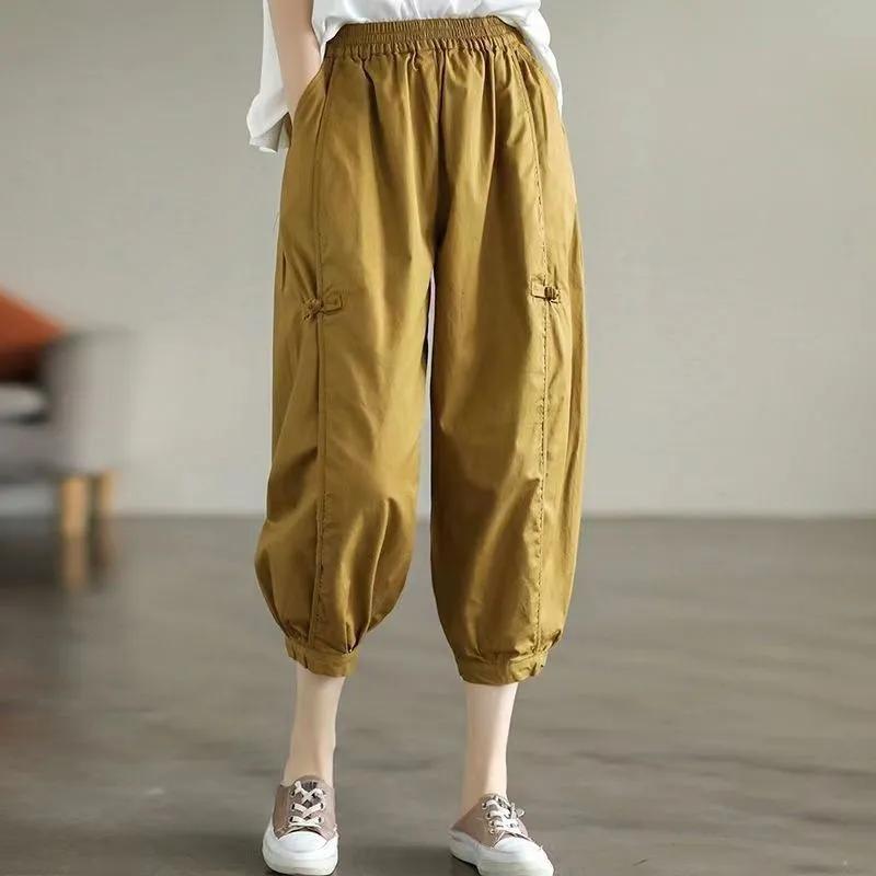 Seven Points Fashion Bloomers Trousers for Women Summer Thin Elastic High Waist Solid Color Pockets Casual Harem Pants