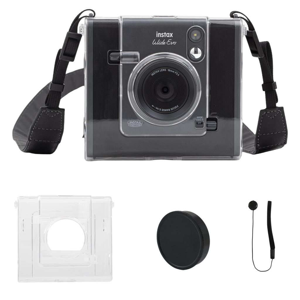 HIYQIN Clear Case with Lens Cap for Fujifilm Instax Wide Evo, Aluminum Black, with Lens Cap and Anti-Loss Cord