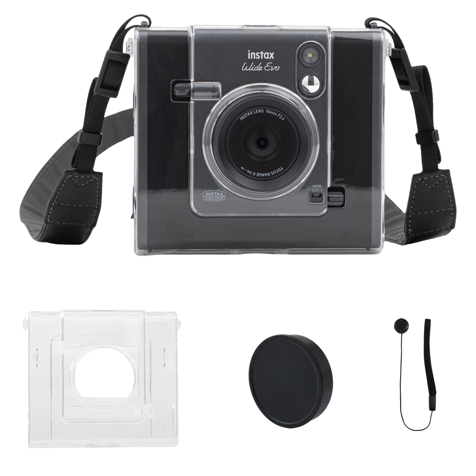 

HIYQIN Clear Case with Lens Cap for Fujifilm Instax Wide Evo, Aluminum Black, with Lens Cap and Anti-Loss Cord