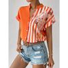 Elegant Fashion Striped Floral Printed V Neck Short Sleeve Street Button Shirts 2025 Summer Casual Loose Top Blouse Women Blusas