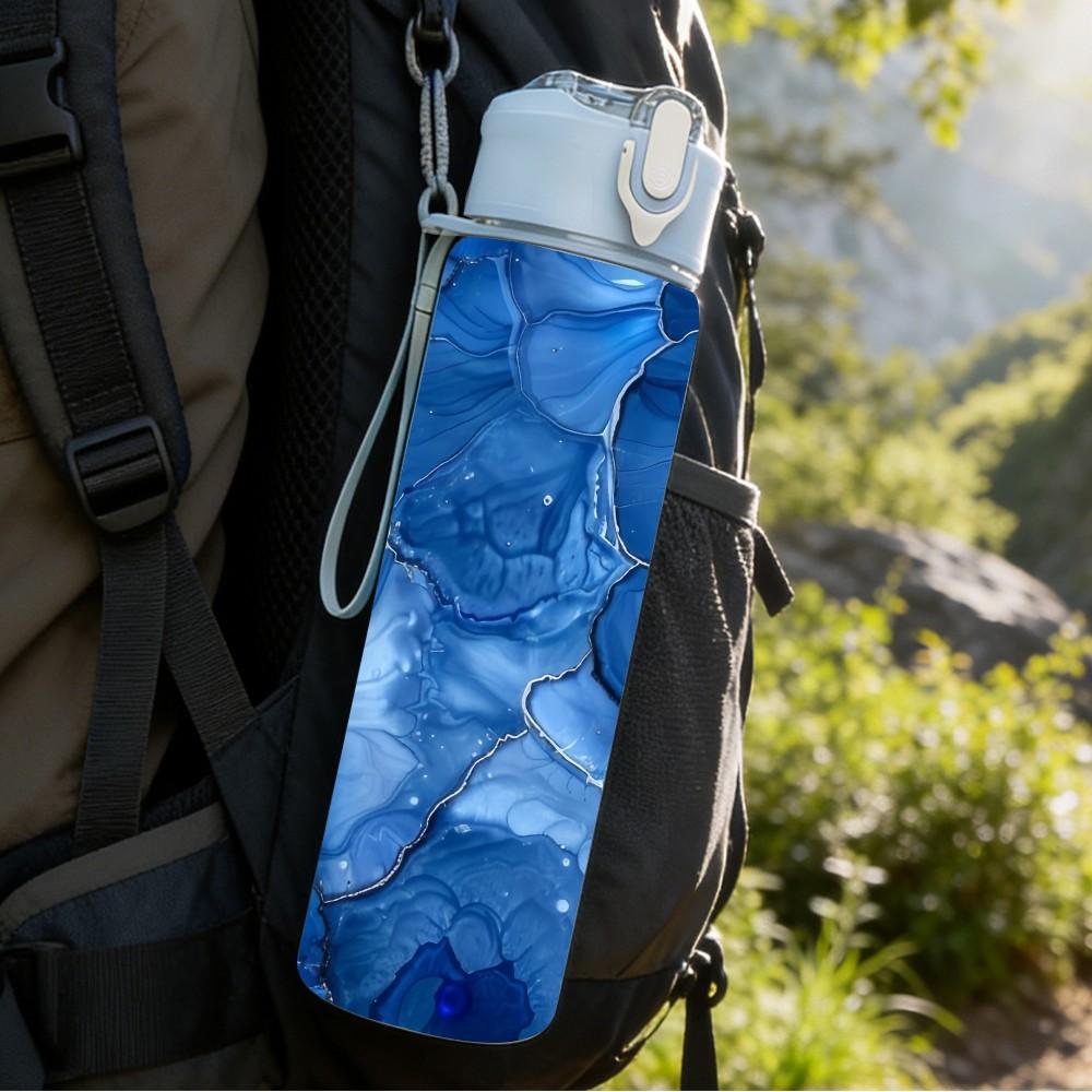 1PC Deep Blue Alcohol Ink Pattern 750ml Color Plastic Sports Water Bottle Leakproof Flip Straw Lid Suitable for Sports Office Home Use