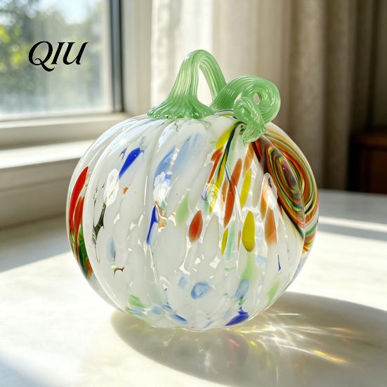 Fall Season Decoration Mini Hand Blown Glass Pumpkin Ornament, Collectible Thanksgiving Halloween Transparent Figurine Faux Crystal Hanging for Fall,