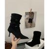 Design pointed thin heel thin boots women's autumn new short tube pleated stacking boots knight short boots