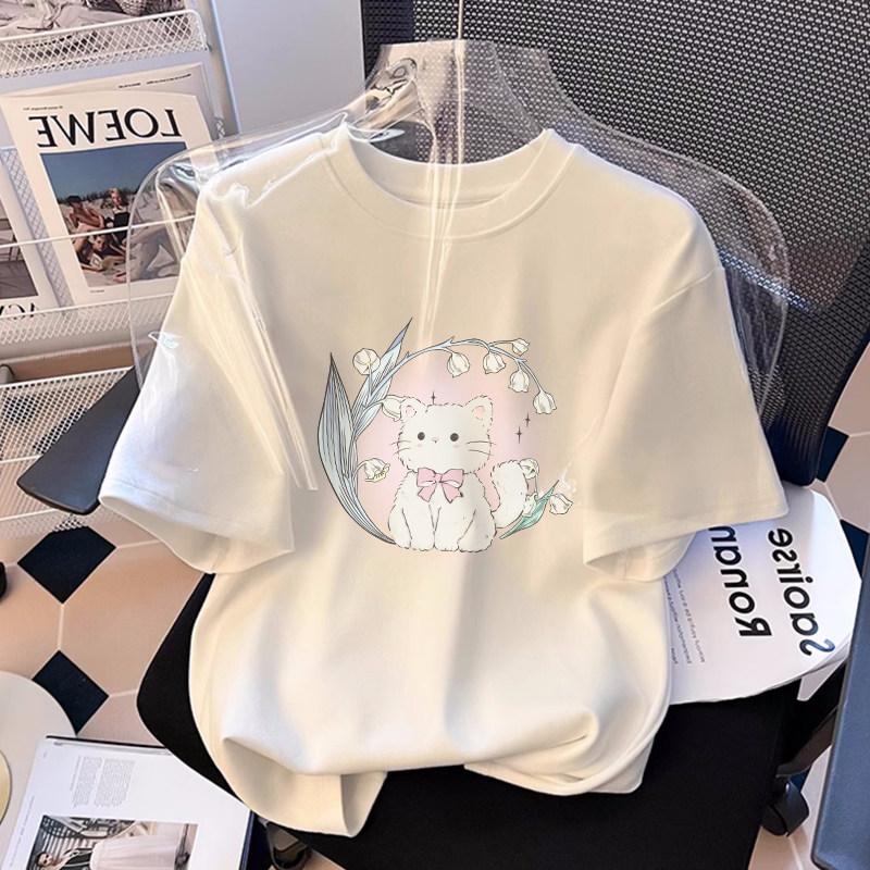 Cute Rabbit Smiling Face Printed White Pure Cotton Children's T-shirt New Popular Summer Loose Top Parent-child T-shirt