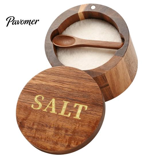 Rustic Kitchen Spice Organizer Wood Salt Container with Swivel Magnetic Lid, Built-in Spoon Seasoning Jar Jar, Moisture Proof for Countertop Solid Box