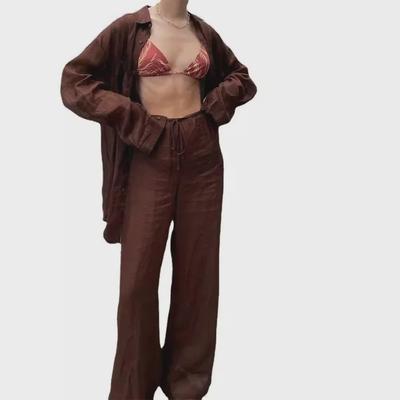Conjunto de Duas Peças Camisa de Manga Comprida e Calças de Algodão Linho Moda Europeia e Americana Feminina Primavera 2025