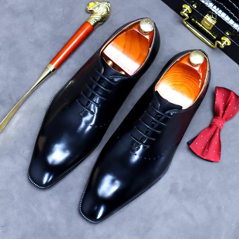 Fashion Business Formal Wear Pointed Toe Shoes Men's Leather Oxfords Male Cowhide Lining British Carved Mens Handmade Bullock Shoes