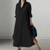 LYRIA Cotton Linen Oversize Women Dress Black Turn-Down Collar Loose Dresses Female Elegant Casual Trendy Ladies Clothes