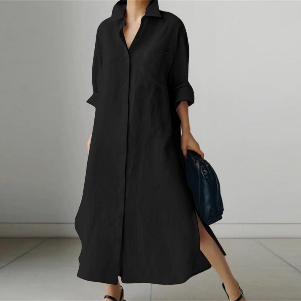 LYRIA Cotton Linen Oversize Women Dress Black Turn-Down Collar Loose Dresses Female Elegant Casual Trendy Ladies Clothes