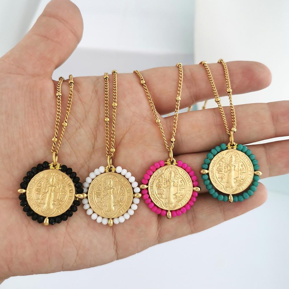 QMHJE Virgin Mary Stainless Steel Pendant Necklace Women Choker Beads Chain Oval Round Charm Gold Color Jewelry White Black