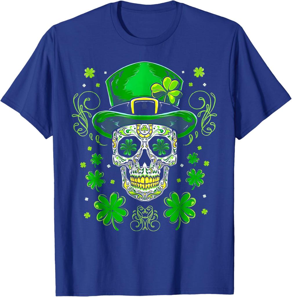 Sugar Skull Leprechaun Hat St Patrick Day Graphic Tee Cotton Short Sleeve Casual T-Shirt for Men