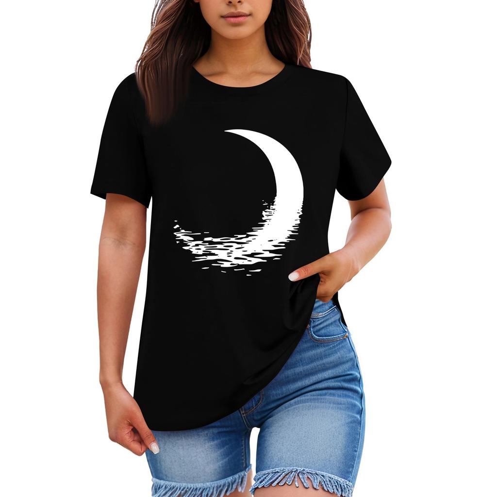 Ladies' Loose Comfortable Casual Fashionable  Moon Pattern Printed Round Neck Short Sleeved Shirt