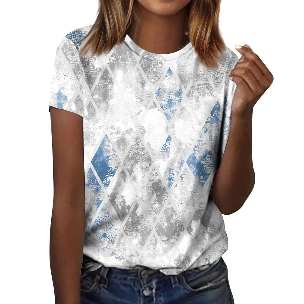 Women's Fashion Casual Retro Textured Printed Round Neck Short Sleeve T-Shirt Top Women's Clothing Sale Women's Luxury Tops Mark
