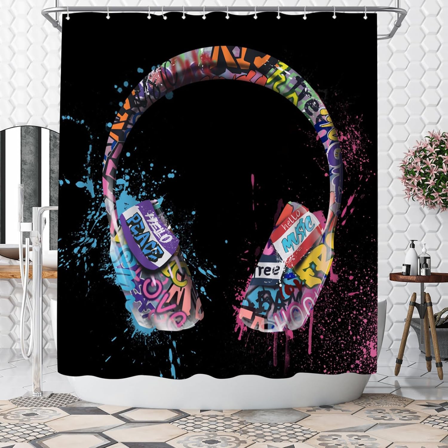 

music shower curtain graffiti dj music headphones boy shower curtain 180x 180cm polyester fabric bathroom decoration W90xH180cm