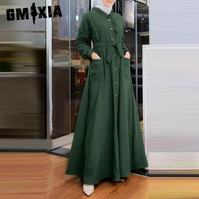 Temperament Einfarbig Spitze Stehkragen Langarm Riemen Taille Abnehmen Knöchellangen Rock