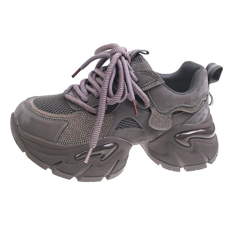 Versatile Rhinestone Dad Shoes for Women 2025 Autumn New Thick-soled Heightened, Breathable, Comfortable and Thin Retro Casual Shoes for Women