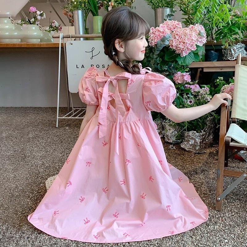 2026 Girls Dress Sweet Princess Style Puff Sleeve Bow Detail Kids Over 4 Years Old