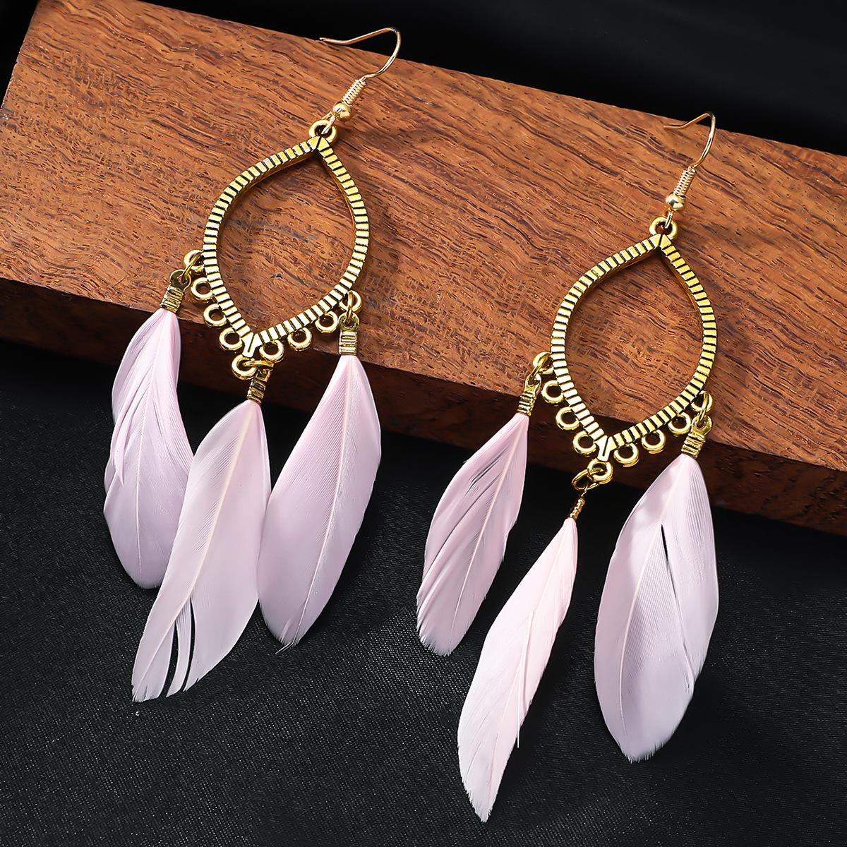 Ethnic Retro Multicolor Feather & Beaded Circle Dangle Earrings