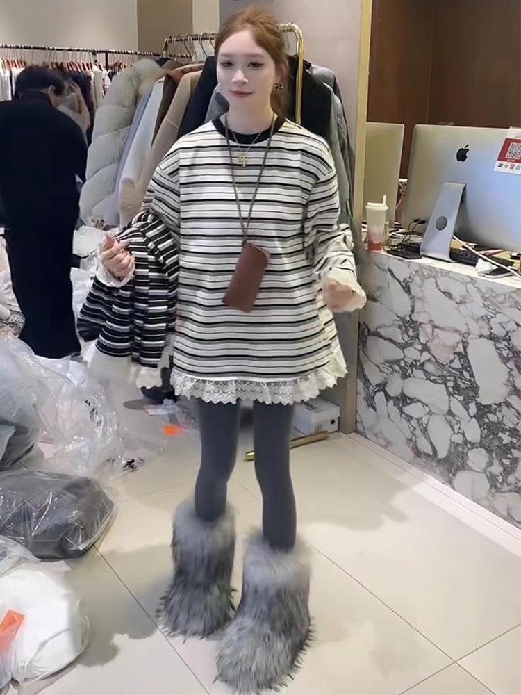 

Женский корейский топ с длинным рукавом, пэчворк, кружево, полоска - Весна 2025, приталенный L абрикосовый света