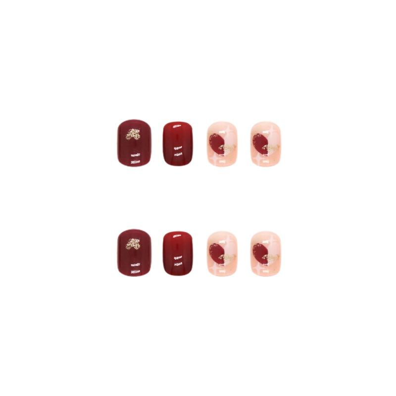 24Pcs Dark Red Tessellated Heart Short Square Press On Nails Removable Artificial Nail Tips