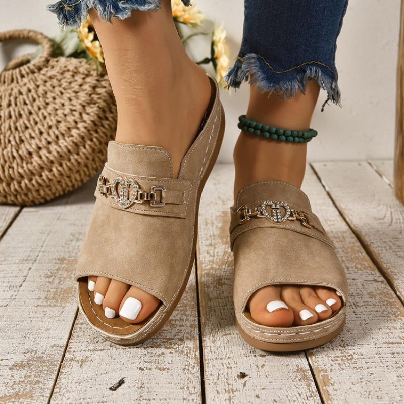 Women's Wedge Peep Toe Sandals, Metal Buckle Platform Beach Slides, Plus Size Summer Casual Shoes
