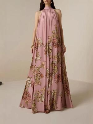 Elegant European and American High Neck Tie-up Print Loose Holiday Dress