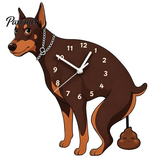 Easy Setup Wall Clock Pooping Dog Clock, Wooden with Swinging Pendulum, Silent Non Ticking Pet Lover for Living Room Home Office, Gift