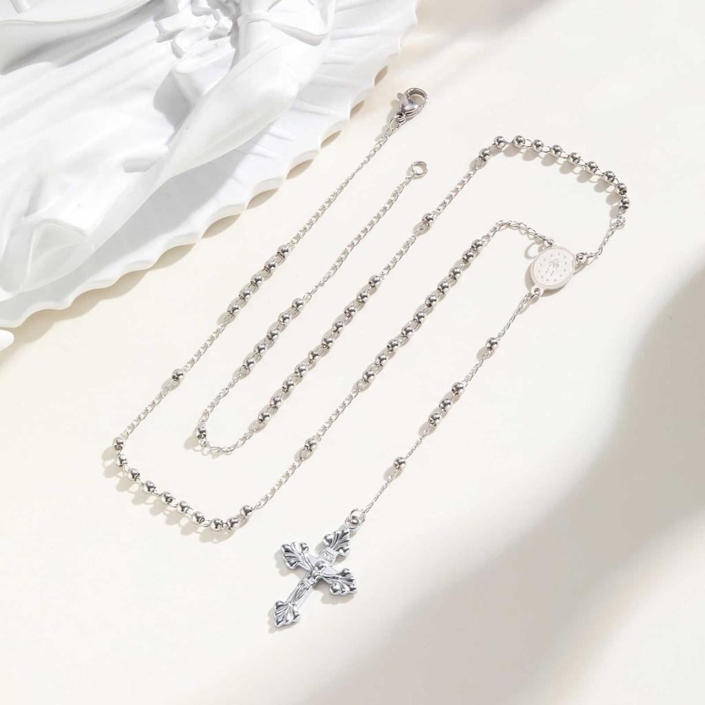 Stainless Steel Prayer Beads Rosary Necklace with Cross Pendant, Y-Shaped Long Chain Virgin Mary Necklace, Religious Jewelry